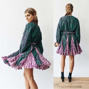 RHODE Ella Mini Dress Sz Small Abstract Zebra Print Braided Belt Long Sleeve